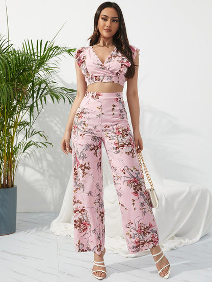 Printed Surplice Cap Sleeve Top and Pants Set Blush Pink