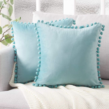 Ball ball lace pillow velvet solid color sofa short plush ball cushion cover Light Blue