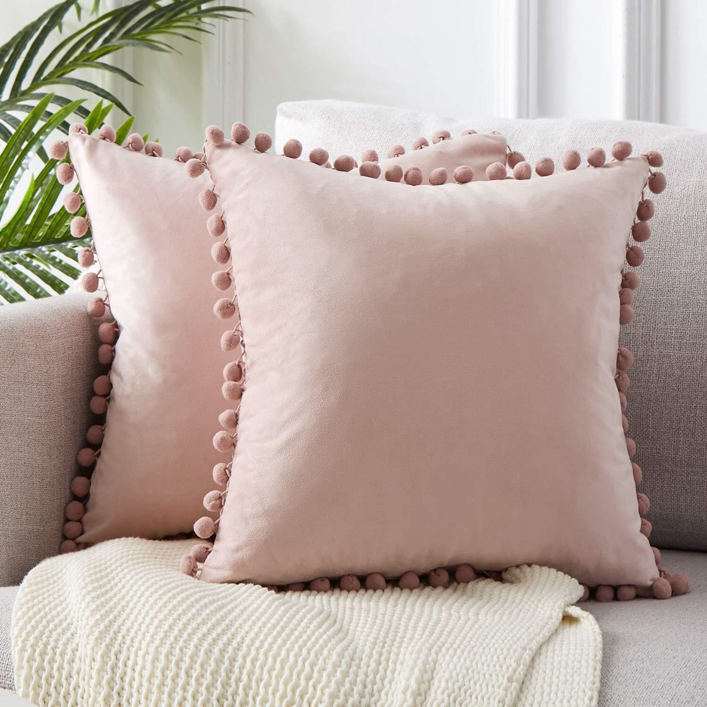 Ball ball lace pillow velvet solid color sofa short plush ball cushion cover Pink