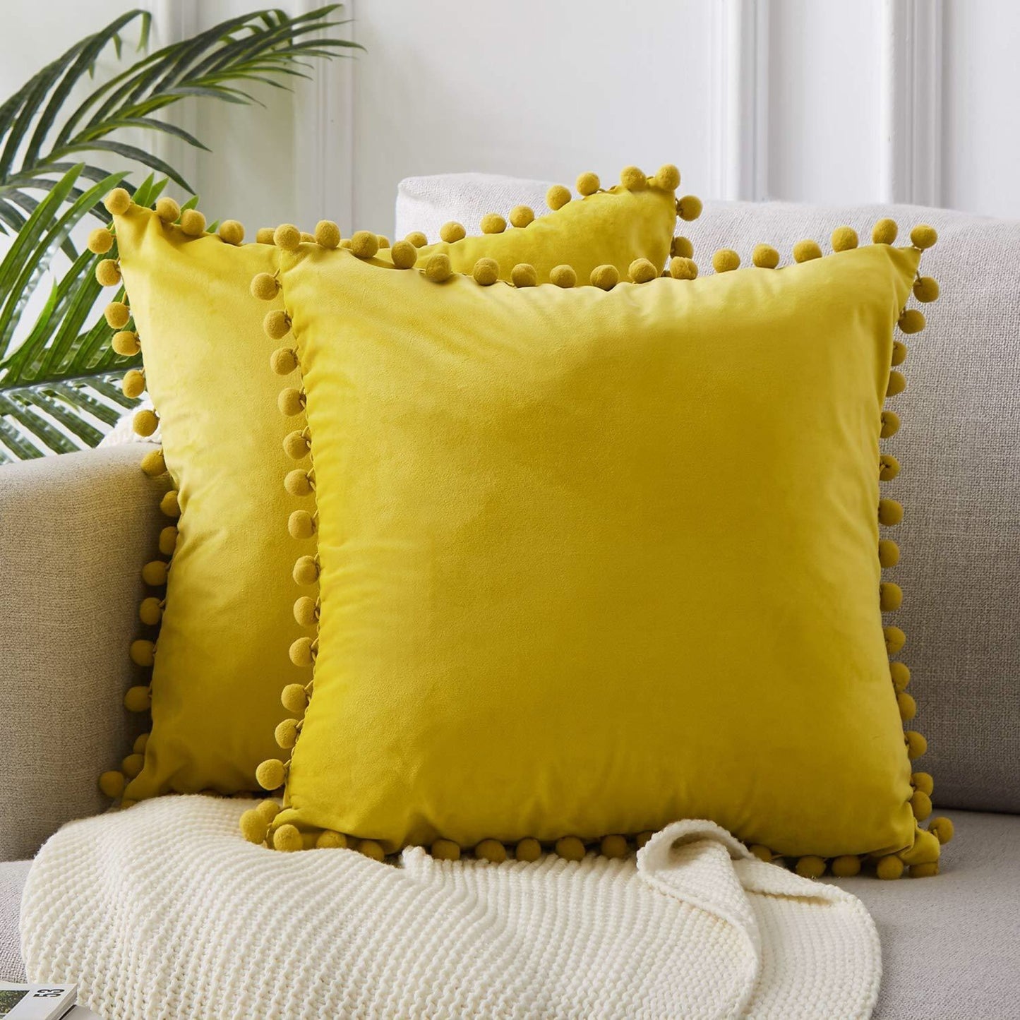 Ball ball lace pillow velvet solid color sofa short plush ball cushion cover Yellow