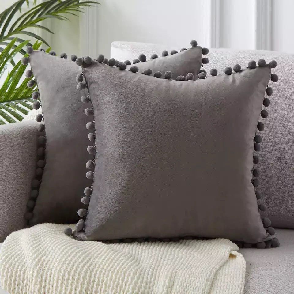 Ball ball lace pillow velvet solid color sofa short plush ball cushion cover Grey