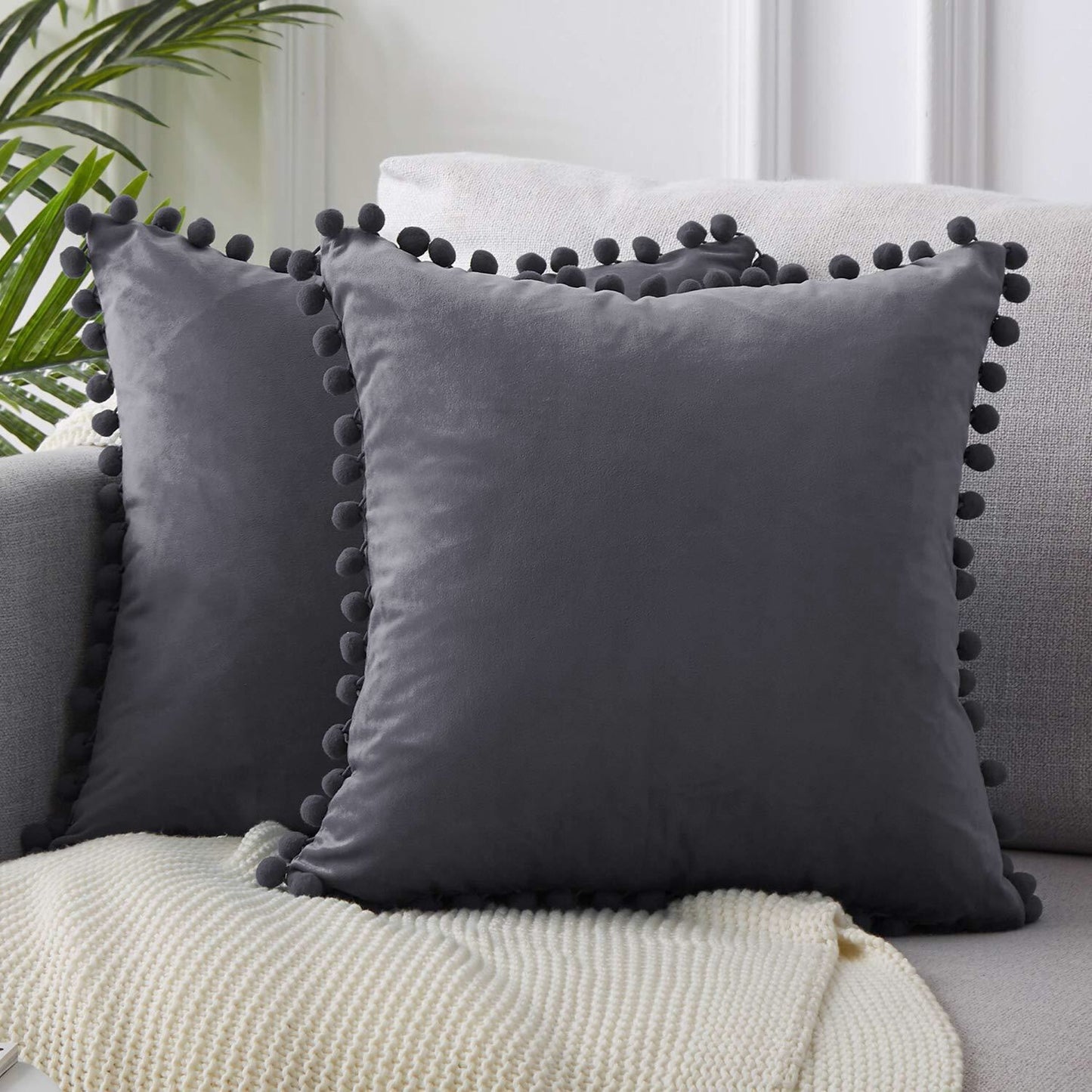 Ball ball lace pillow velvet solid color sofa short plush ball cushion cover Dark Grey