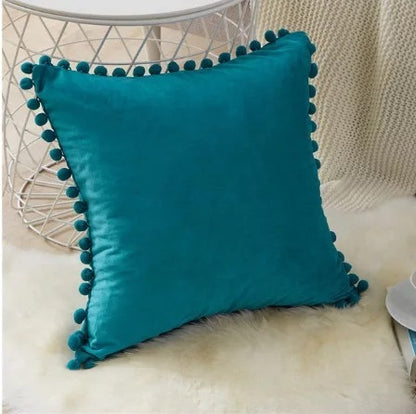 Ball ball lace pillow velvet solid color sofa short plush ball cushion cover Peacock Blue