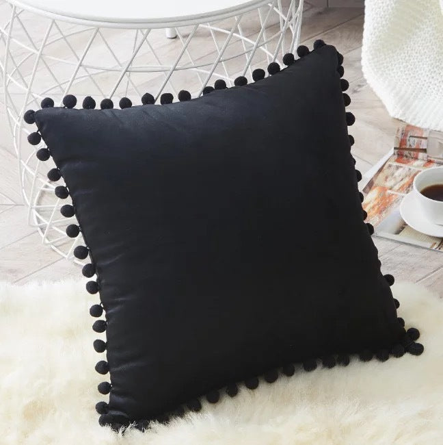 Ball ball lace pillow velvet solid color sofa short plush ball cushion cover Black