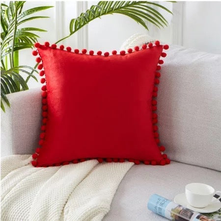 Ball ball lace pillow velvet solid color sofa short plush ball cushion cover Red