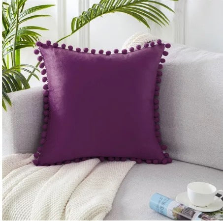 Ball ball lace pillow velvet solid color sofa short plush ball cushion cover Purple