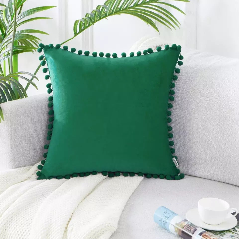 Ball ball lace pillow velvet solid color sofa short plush ball cushion cover Green