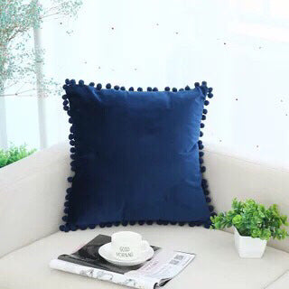 Ball ball lace pillow velvet solid color sofa short plush ball cushion cover Blue