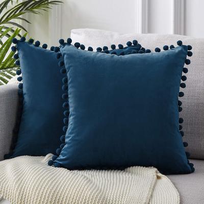 Ball ball lace pillow velvet solid color sofa short plush ball cushion cover Navy Blue