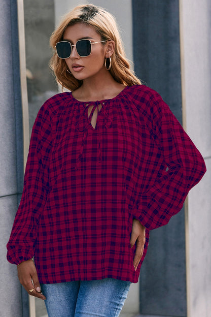 Plaid Tie Neck Balloon Sleeve Blouse Burgundy