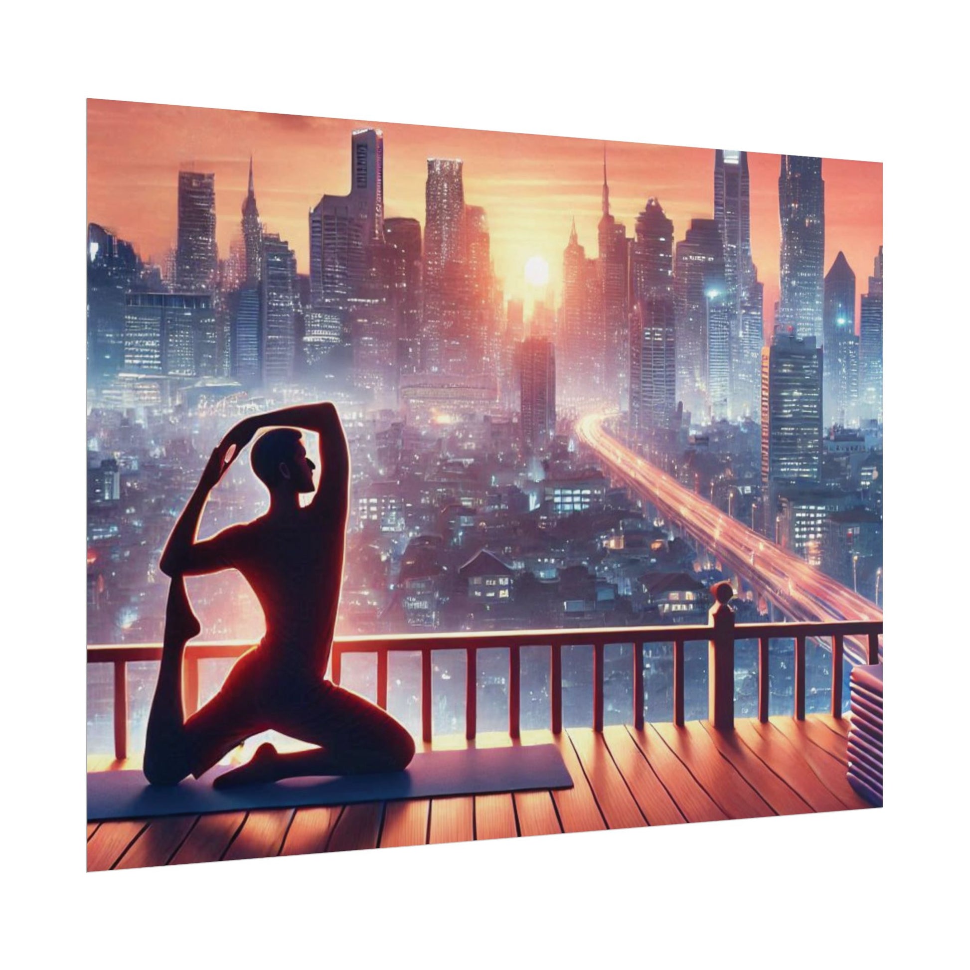 Yoga Poster, Cityscape Sunset Art, Rolled Wall Art, Pink Orange Skyline Decor, Urban Zen Meditation, Rooftop Exercise Print, Relaxation Gift