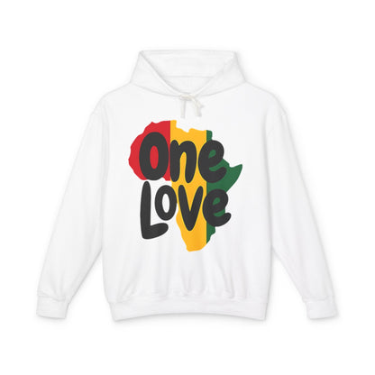 One Love Rasta Lightweight Hooded Sweatshirt - Red Yellow Green Black Color Scheme, Reggae Culture, Positive Vibes, Unity and Peace, White