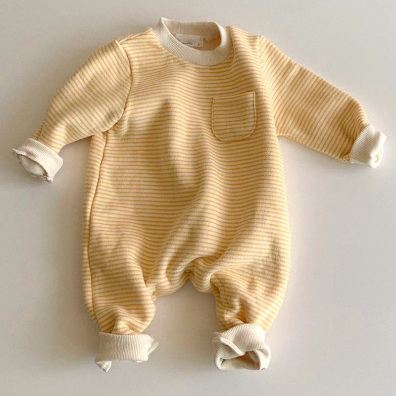 Wear striped baby jumpsuits outside Yellow