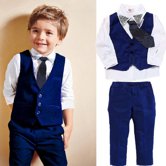 Boys' Handsome Casual Clothing Suit | 4-Piece Gentleman Outfit with Turtleneck, Vest, Tie & Pants | Spring & Autumn Attire