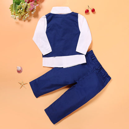 Boys' Handsome Casual Clothing Suit | 4-Piece Gentleman Outfit with Turtleneck, Vest, Tie & Pants | Spring & Autumn Attire Blue