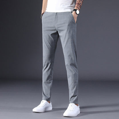 Summer Thin Plaid Stretch Straight-leg Youth Casual Trousers Grey