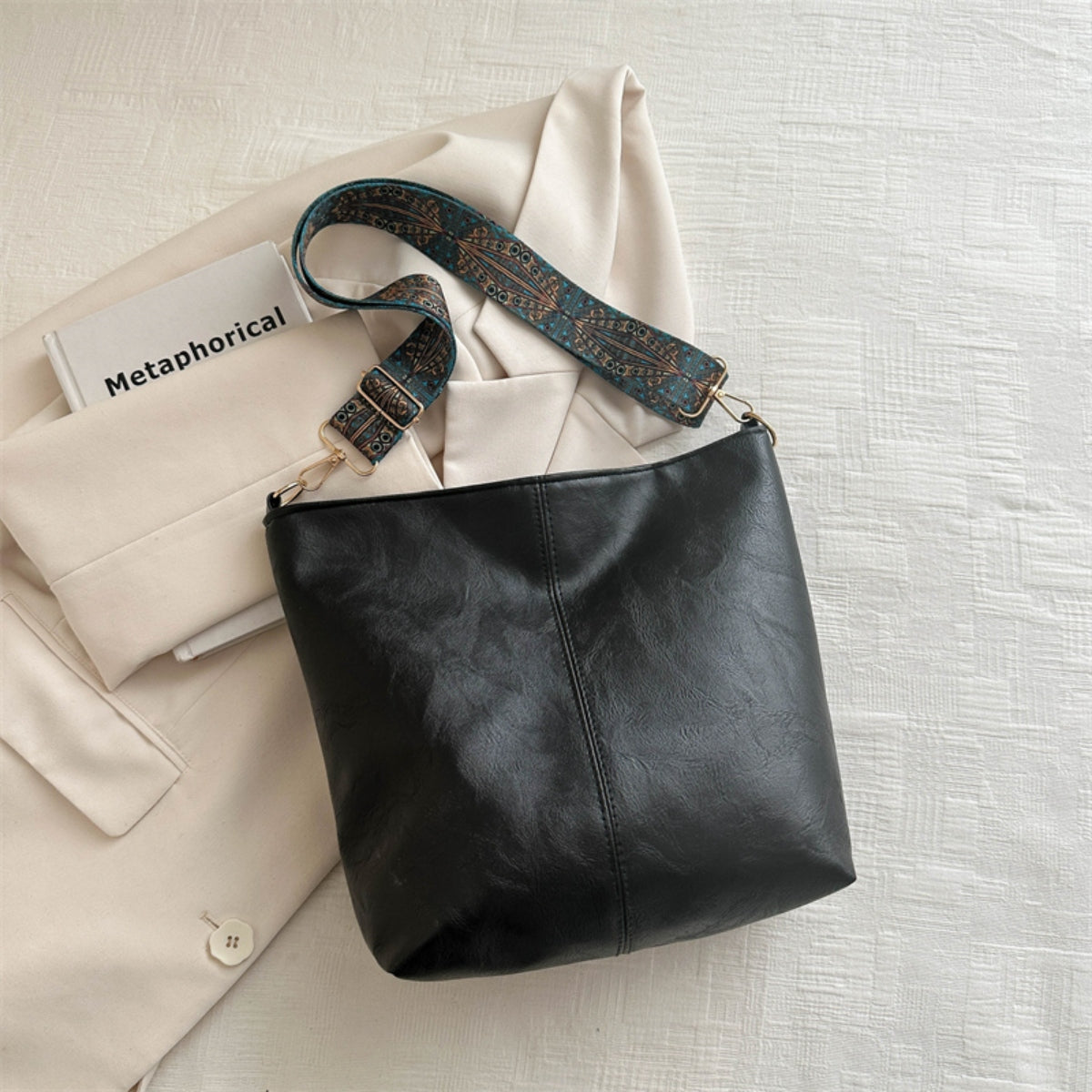 PU Leather Adjustable Strap Shoulder Bag Black One Size