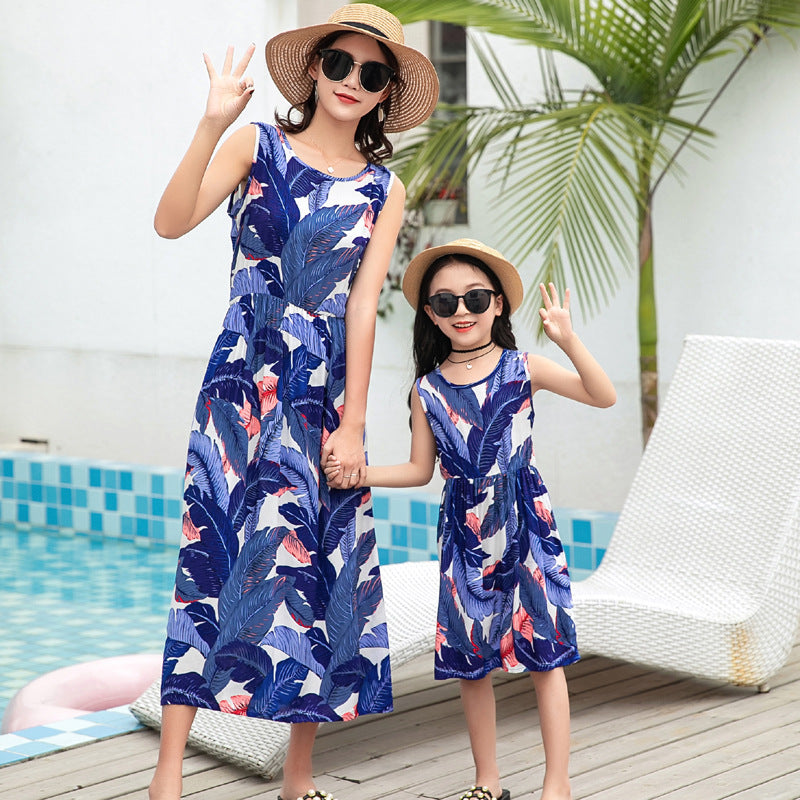 Mother And Daughter Vacation Beach Vest Long Skirt Blue