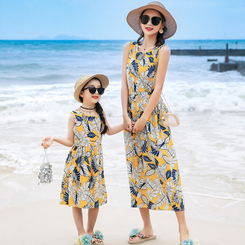 Mother And Daughter Vacation Beach Vest Long Skirt Yellow