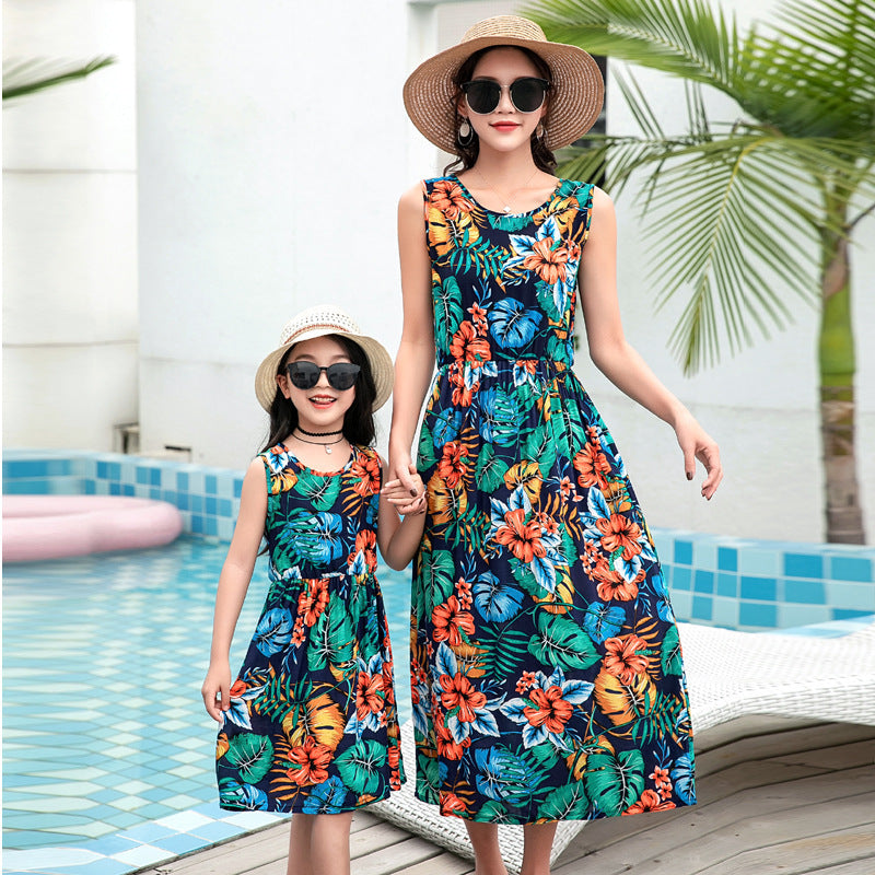 Mother And Daughter Vacation Beach Vest Long Skirt Dark Green