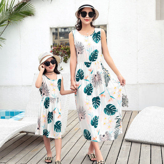 Mother And Daughter Vacation Beach Vest Long Skirt White