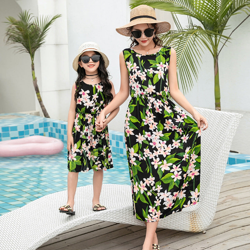 Mother And Daughter Vacation Beach Vest Long Skirt Green