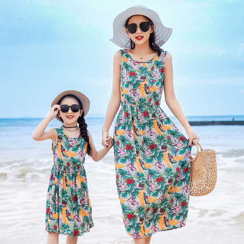 Mother And Daughter Vacation Beach Vest Long Skirt Sky Blue