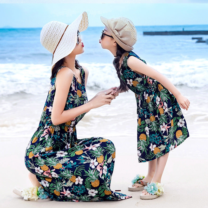 Mother And Daughter Vacation Beach Vest Long Skirt Navy