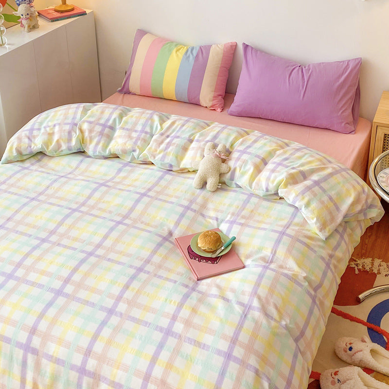 Rainbow Strips Korean Princess Style Bedding Cotton Girl Heart Sheet Duvet Cover Lavender grid