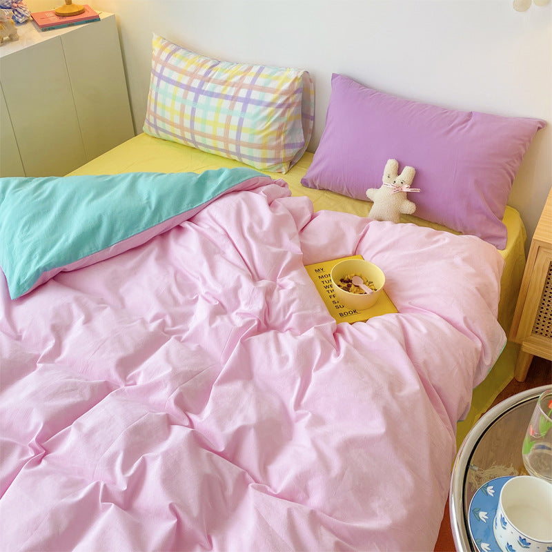 Rainbow Strips Korean Princess Style Bedding Cotton Girl Heart Sheet Duvet Cover Pink