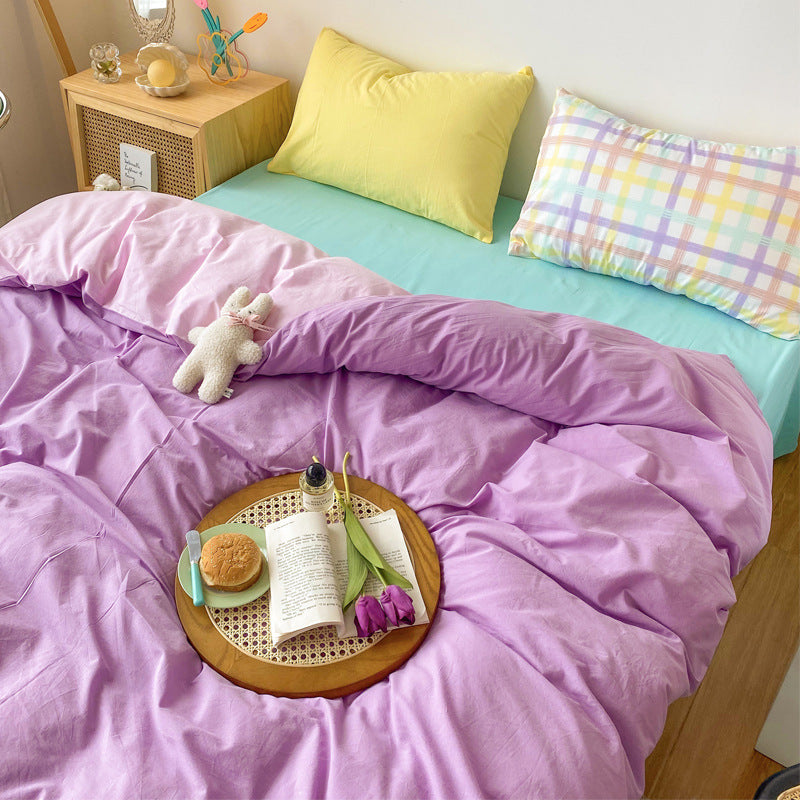 Rainbow Strips Korean Princess Style Bedding Cotton Girl Heart Sheet Duvet Cover Purple pink grid