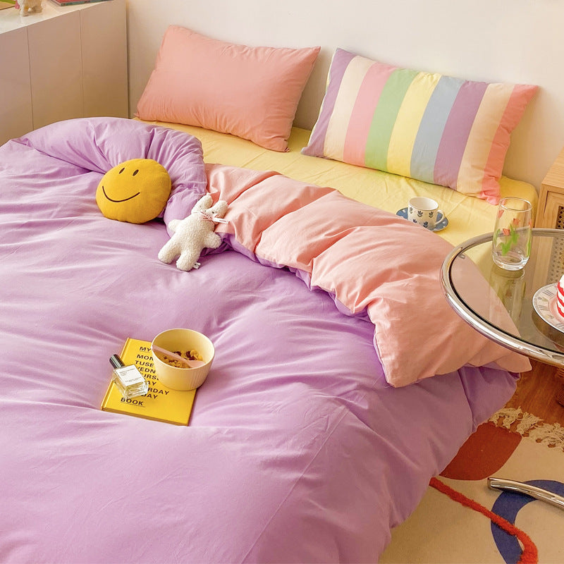 Rainbow Strips Korean Princess Style Bedding Cotton Girl Heart Sheet Duvet Cover Purple jade yellow A stripe