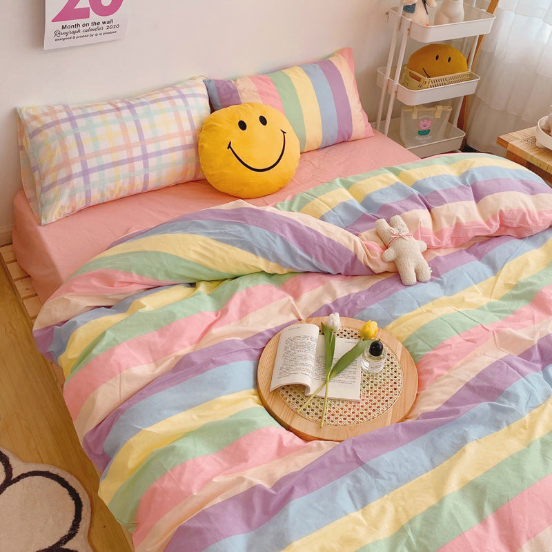 Rainbow Strips Korean Princess Style Bedding Cotton Girl Heart Sheet Duvet Cover Rainbow stripes