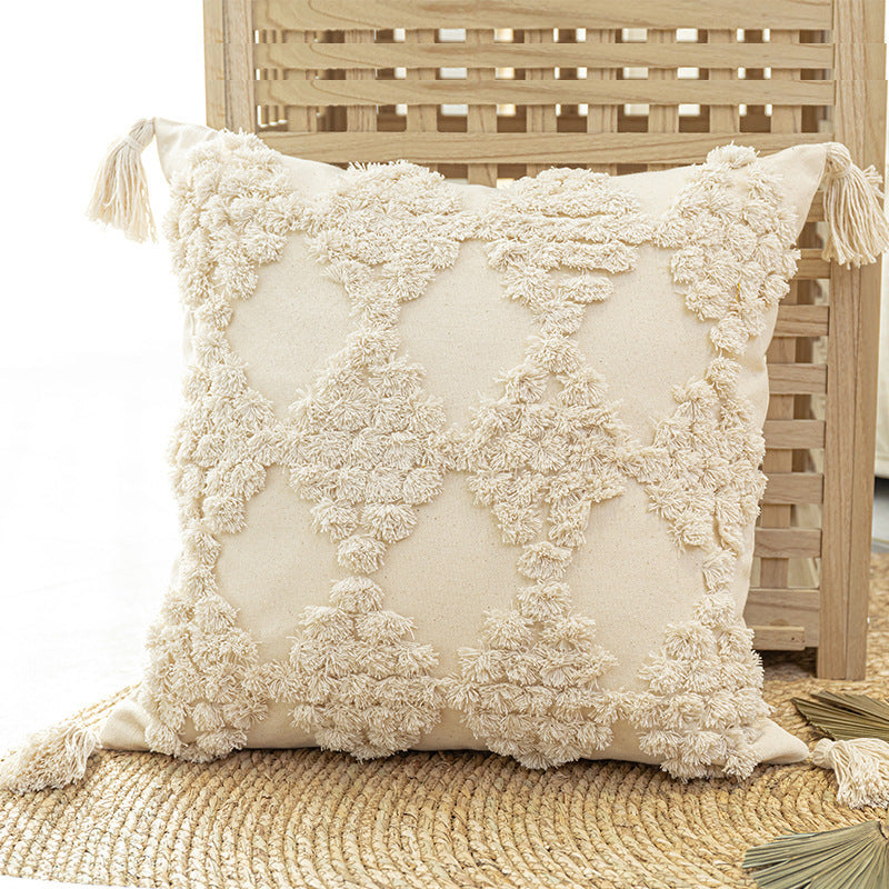 Home Furnishing Tufted Throw Pillow With Tassels Sofa Pillow Cushion Beige square pillow