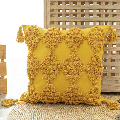 Home Furnishing Tufted Throw Pillow With Tassels Sofa Pillow Cushion Yellow square pillow