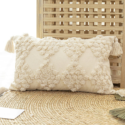 Home Furnishing Tufted Throw Pillow With Tassels Sofa Pillow Cushion Beige waist pillow