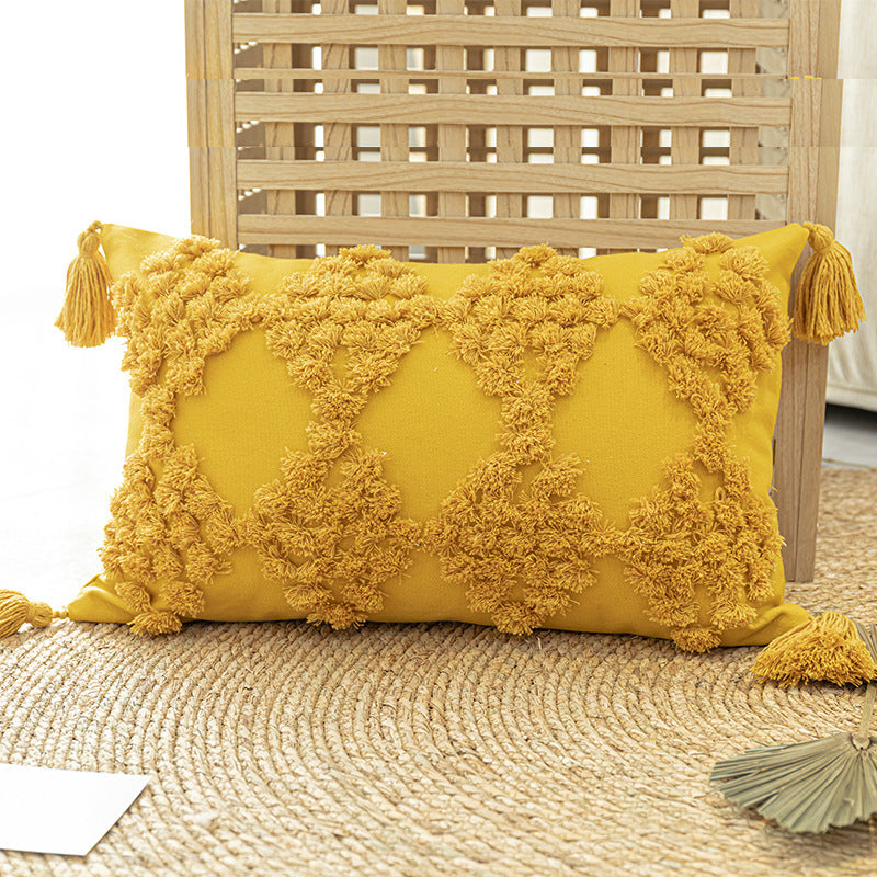 Home Furnishing Tufted Throw Pillow With Tassels Sofa Pillow Cushion Yellow waist pillow