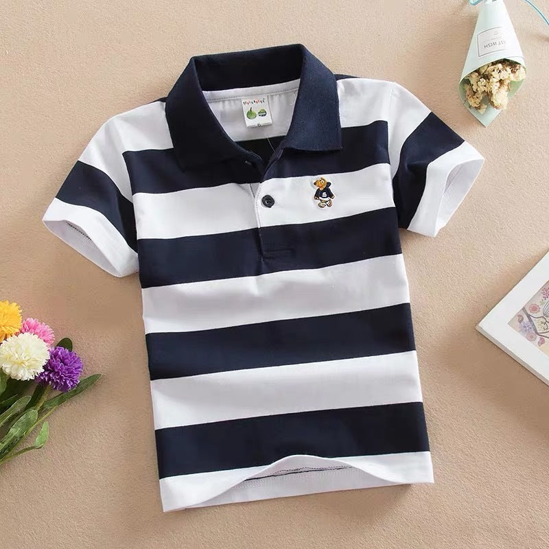 CUHK Children's T-shirt Cotton Striped Lapel Polo Shirt Navy White