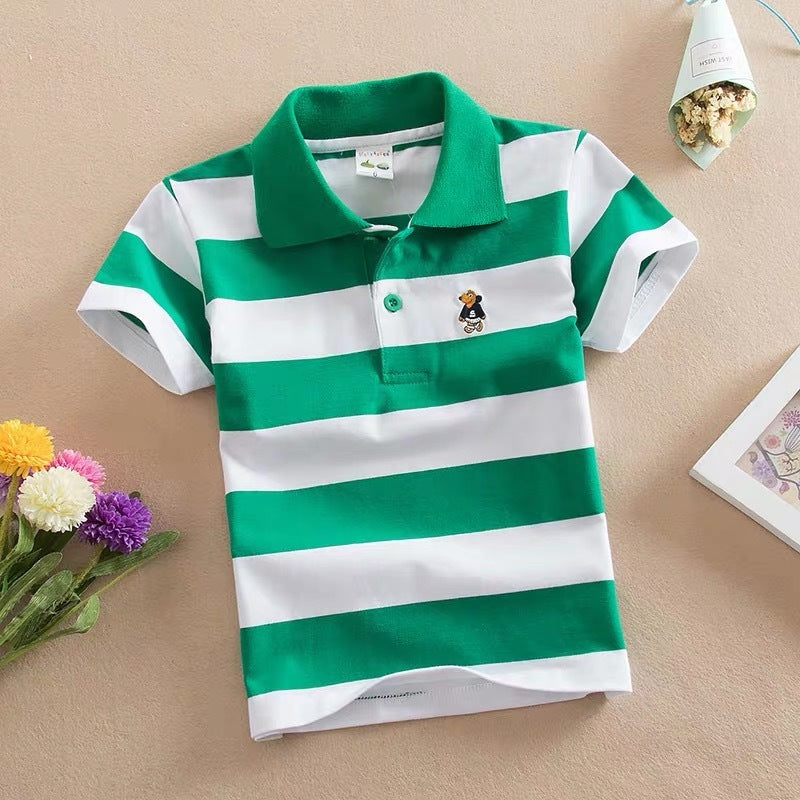 CUHK Children's T-shirt Cotton Striped Lapel Polo Shirt Green White