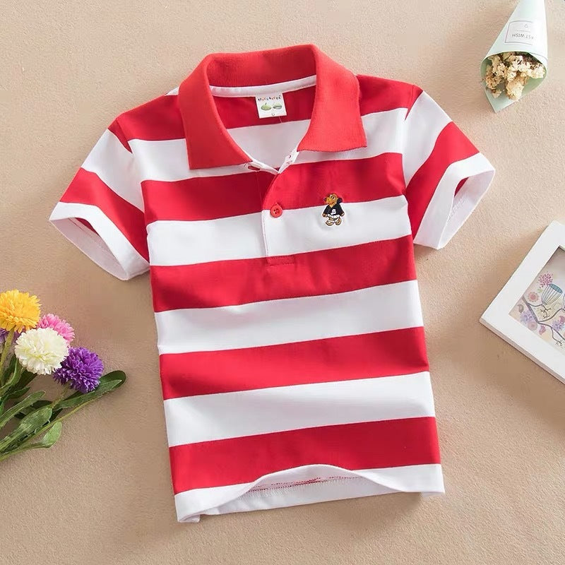 CUHK Children's T-shirt Cotton Striped Lapel Polo Shirt Red White