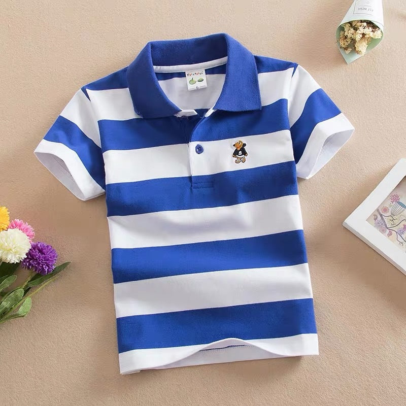 CUHK Children's T-shirt Cotton Striped Lapel Polo Shirt Color Blue White