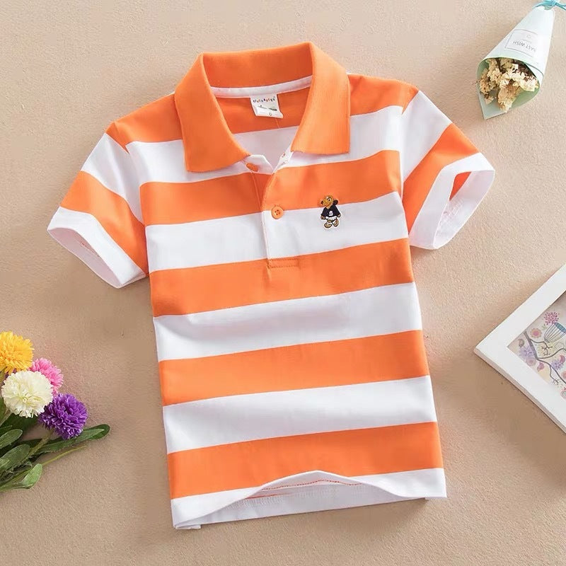 CUHK Children's T-shirt Cotton Striped Lapel Polo Shirt Orange White