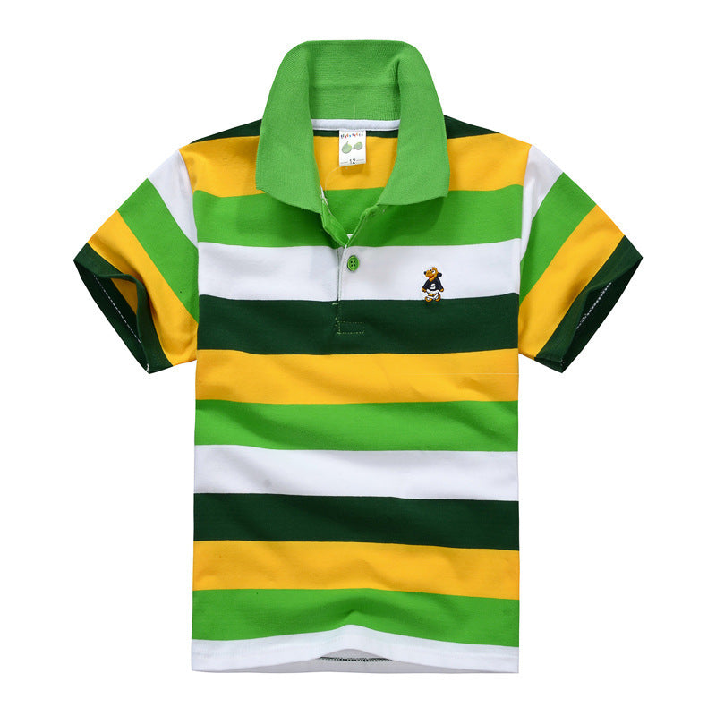 CUHK Children's T-shirt Cotton Striped Lapel Polo Shirt Dark Green White Grass Green