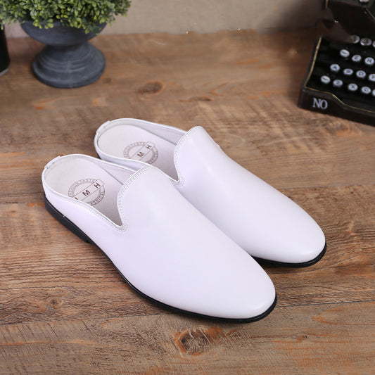 Summer Fashion Casual Men's Slippers, Soft Leather Soft Sole Baotou Half Slippers White