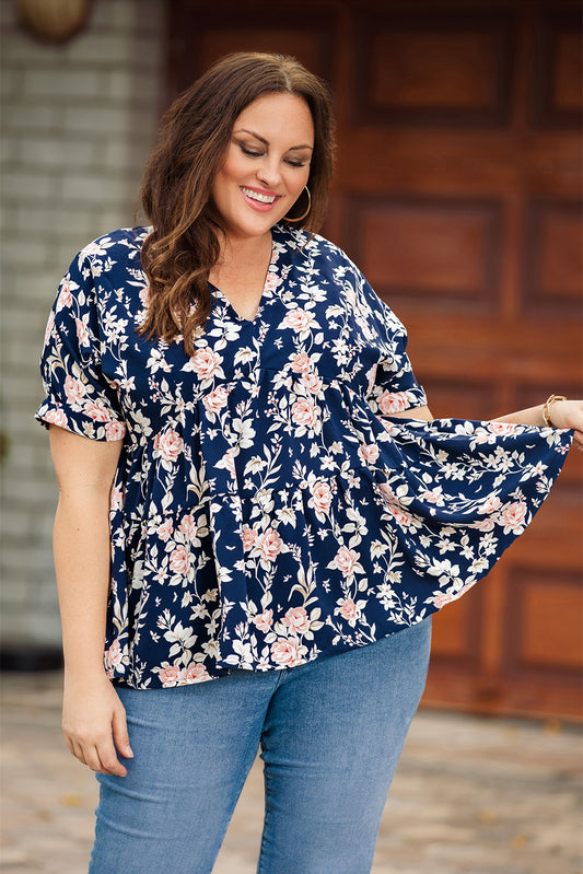 Floral V-Neck Tied Babydoll Blouse Blue