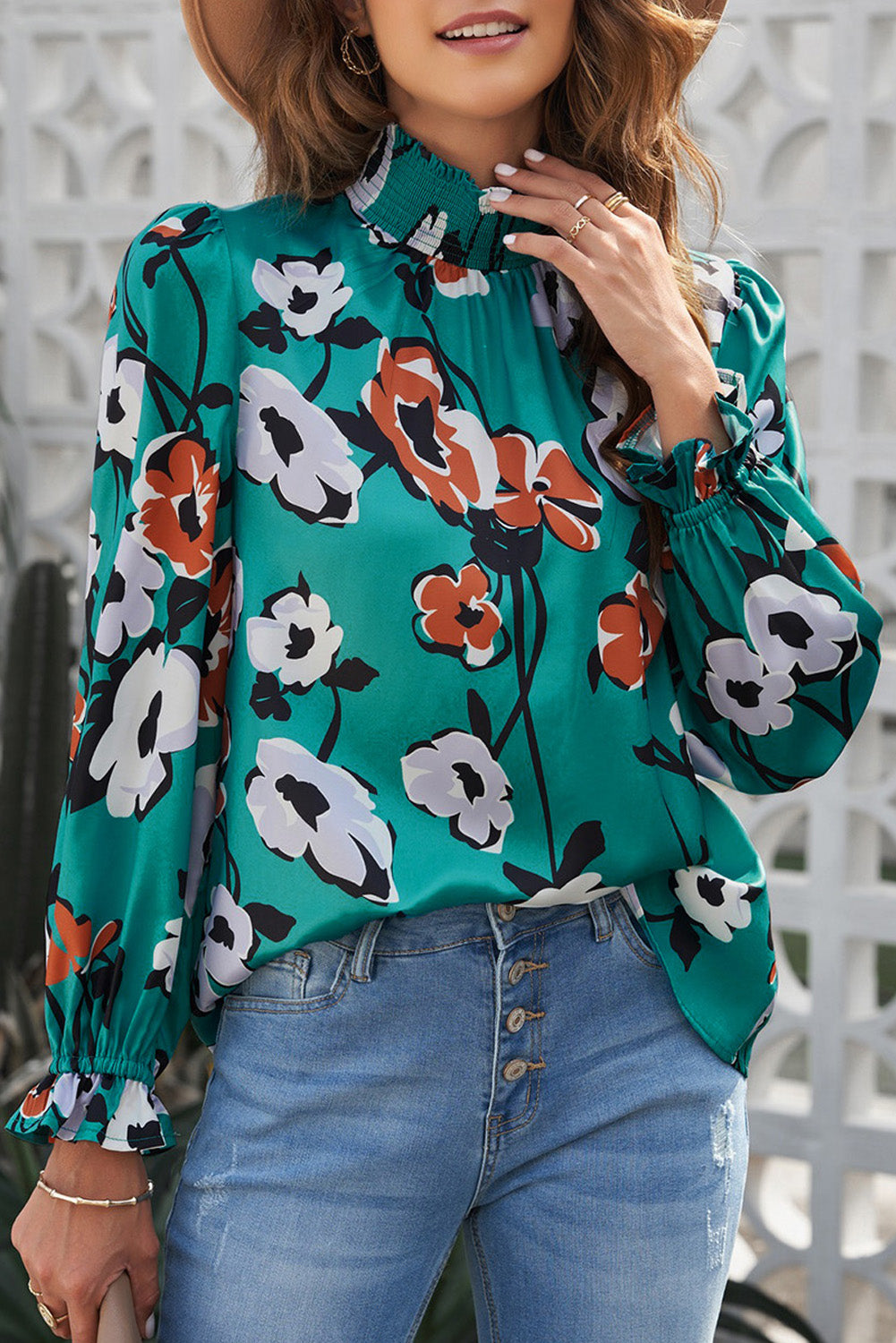 Floral Smocked Mock Neck Flounce Sleeve Blouse - Thandynie