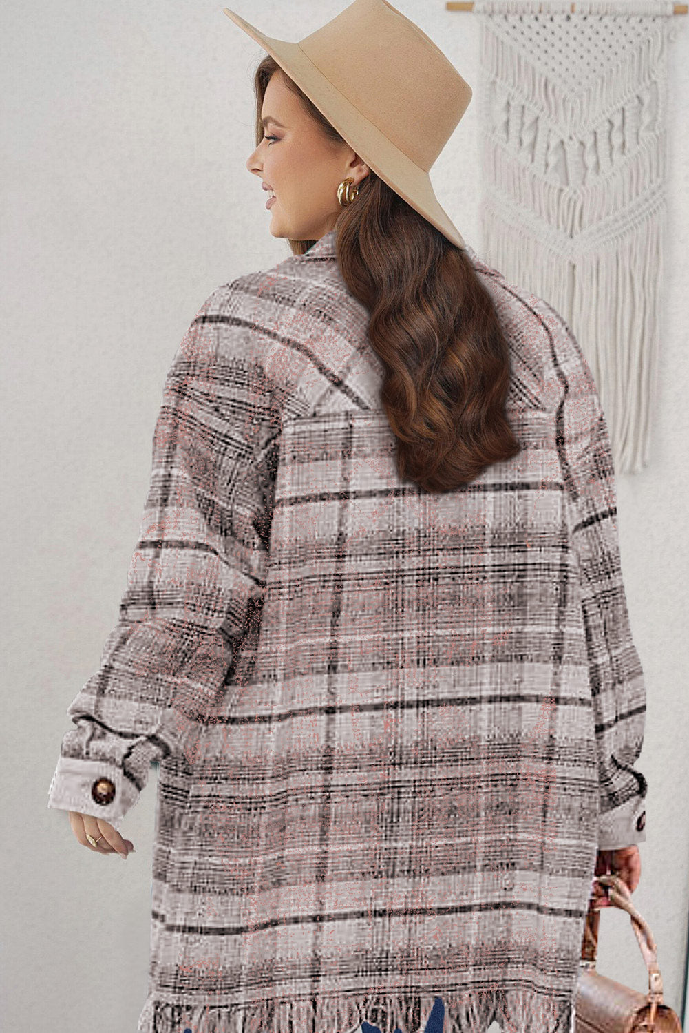 Pink Plus Size Macrame Plaid Coat