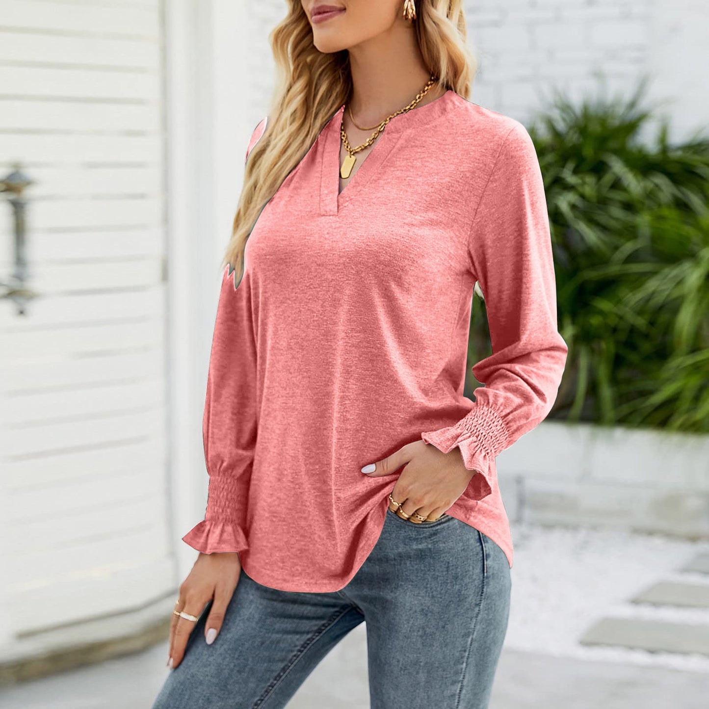 Full Size Notched Long Sleeve T-Shirt Burnt Coral