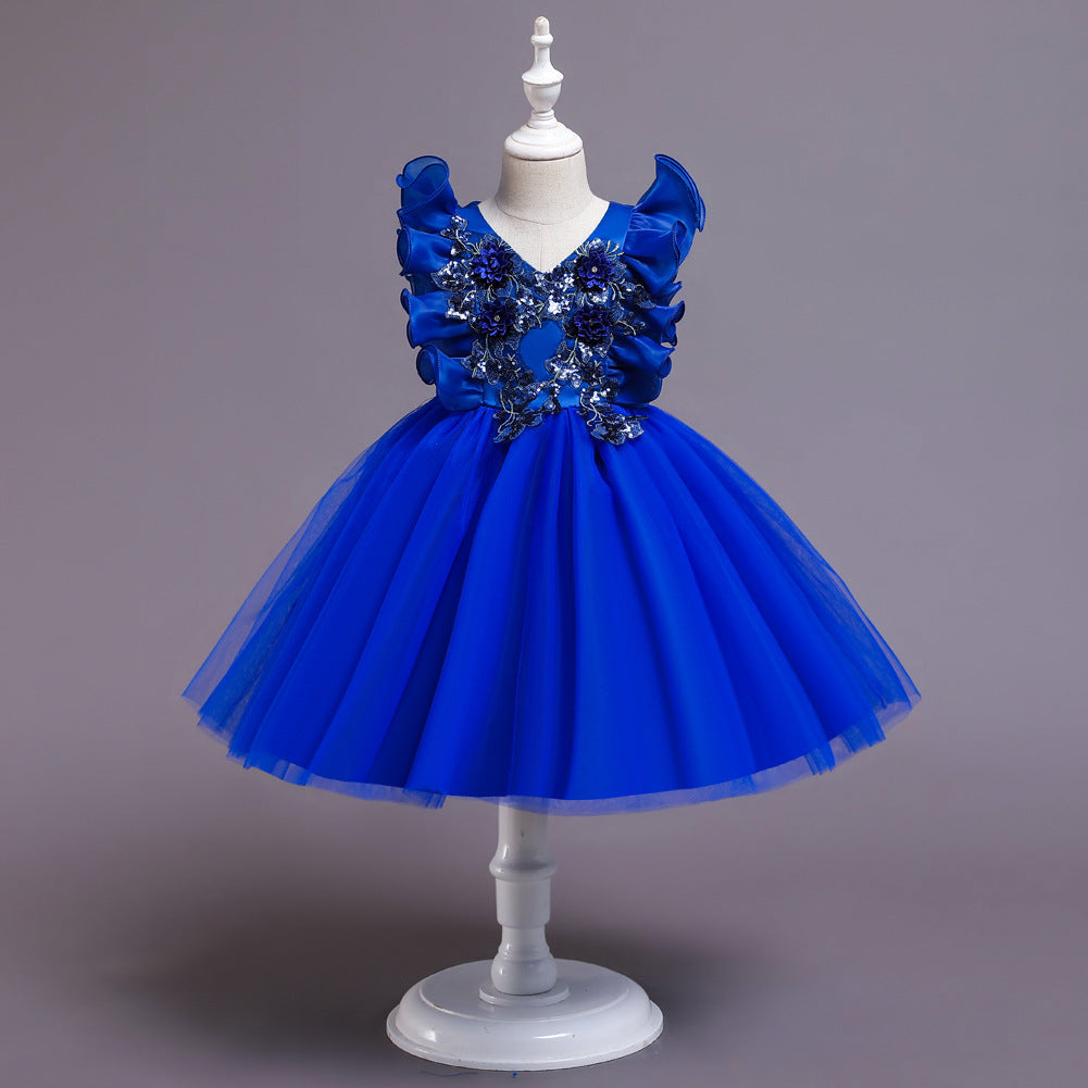 V-neck ruffled girl dress Blue