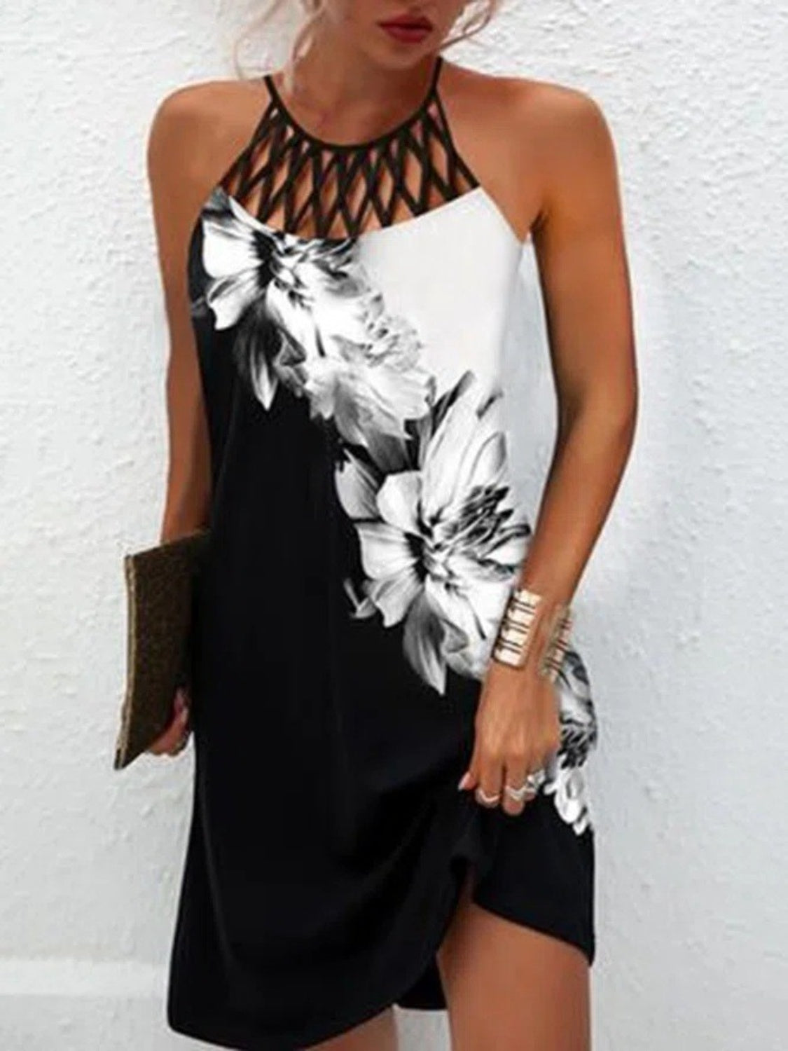 Printed Grecian Neck Mini Dress White